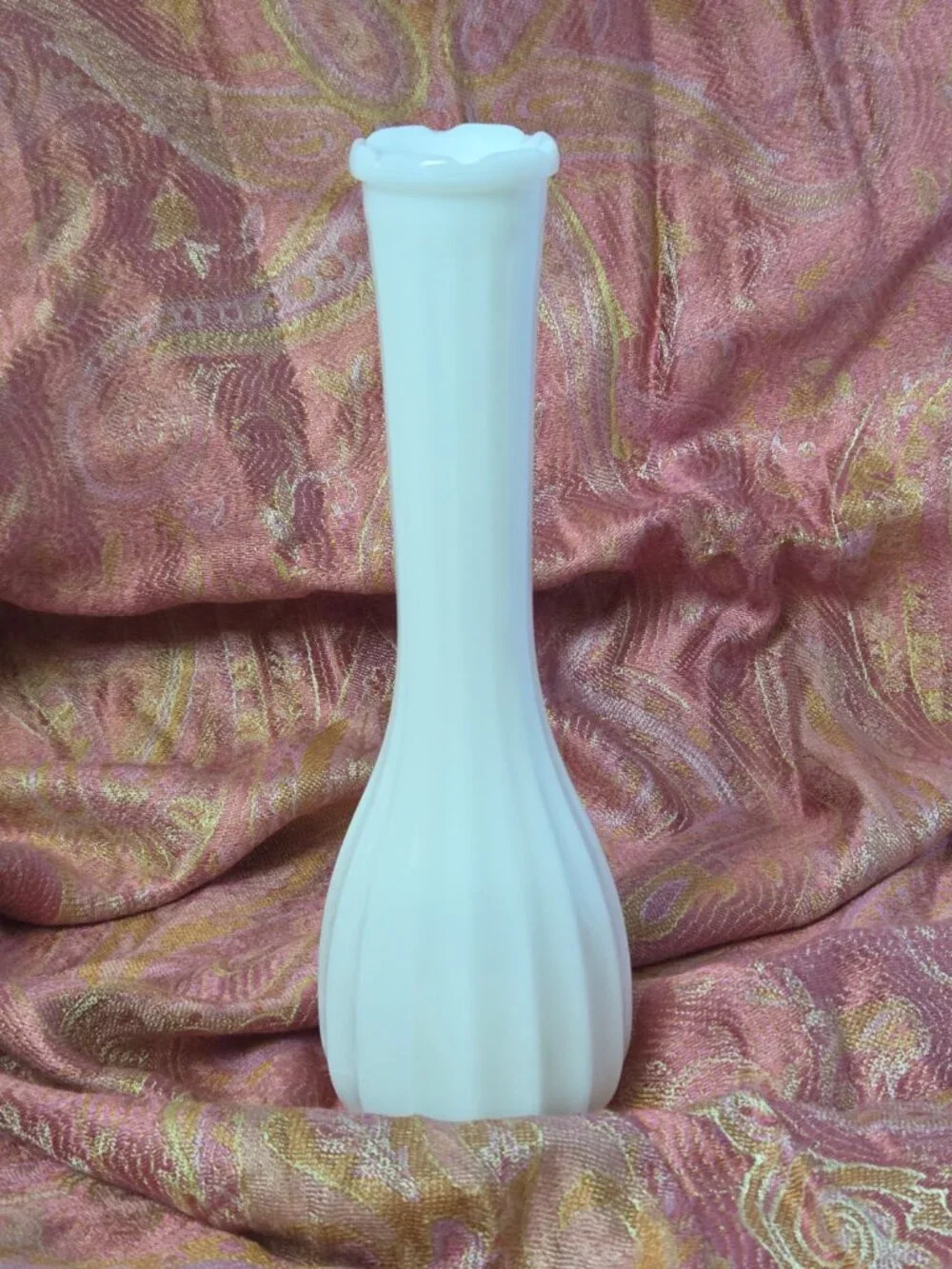 Vintage CLG Milk Glass Bud Vase Ribbed Fluted Bulbous Base Opaque White Floral